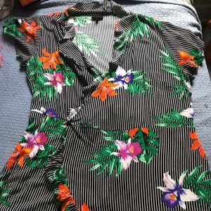 Striped Wrap Dress w/ Floral Pattern